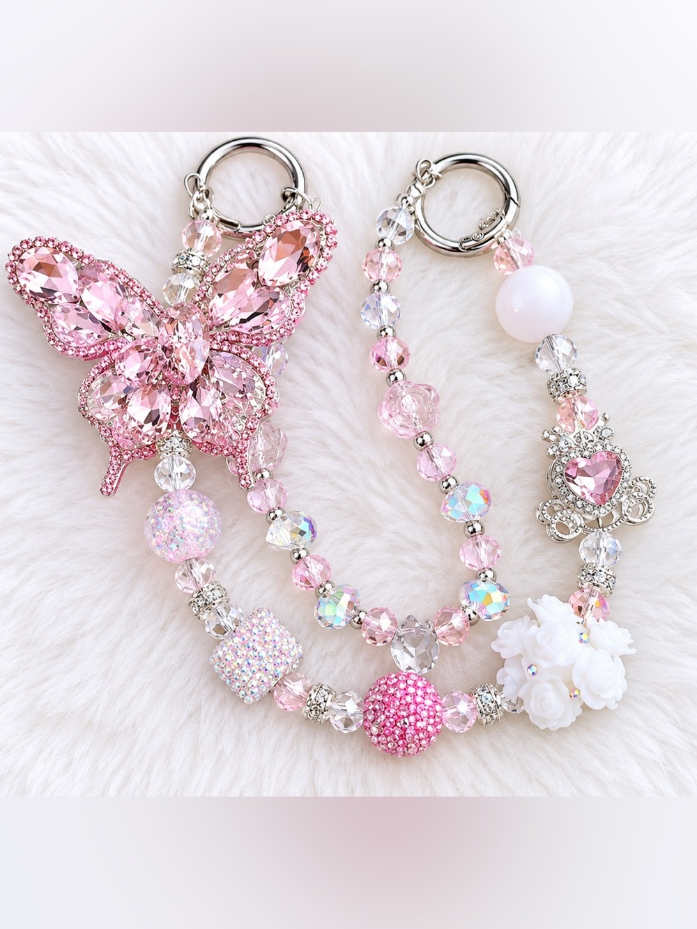 Pink Crystal Butterfly Beaded Keychain bag Charm - handmade